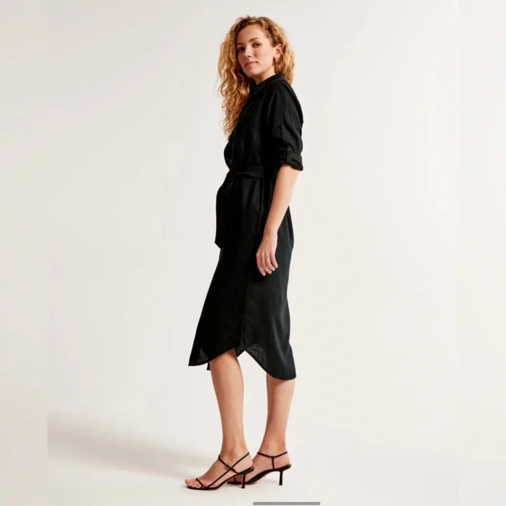 NWT Abercrombie & Fitch Linen-Blend Midi Shirt Dress in Black Size Medium Petite - Picture 4 of 9